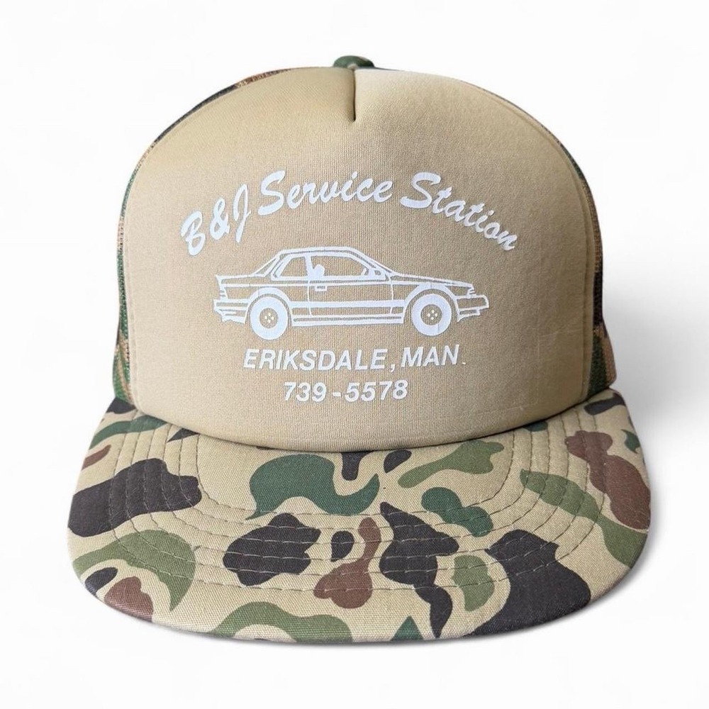 Vintage 90s Camo B&J Service Station Auto Mechanic Trucker Hat Cap Car Graphic